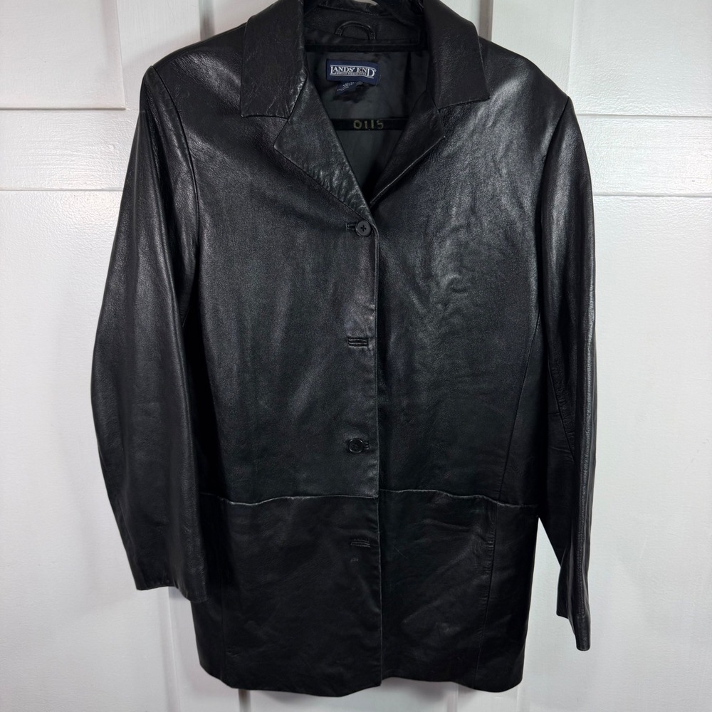 Lands End Black Lambskin Leather Car Coat Jacket w Front Pockets